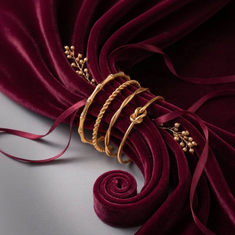 A set of gold-toned metal bangles and bracelets arranged on a deep burgundy velvet fabric with ribbon ties, photographed in a styled studio setup.