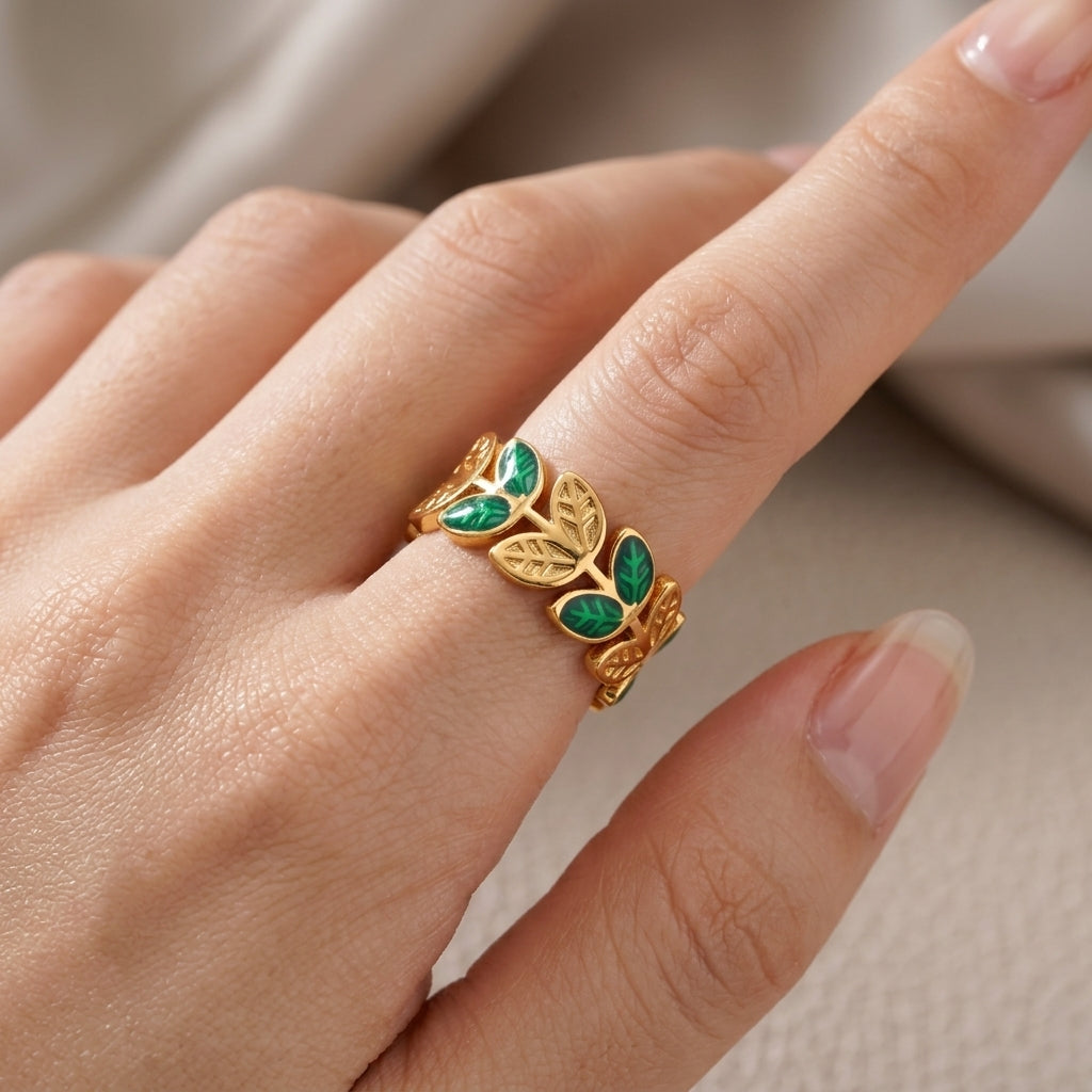 Green Enamel Leaf Ring